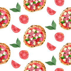 Seamless pattern with Italian pizza. Hand painted watercolor elements. 