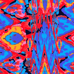 Rhombus Ikat Vector Pattern. Ogee Geometric Print. Neon Blue and Red on Black Abstract Ethnic Kilim. Vibrant Carpet Rug Chevron Motif. Wet Vintage Tie Dye Ornament. Watercolor Batik Seamless Design.