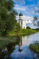 Russian Orthodox church with reflection on the banks of the Nerl river in Vladimir Oblast in Russia
