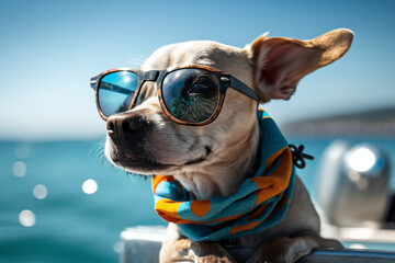 Fototapeta na wymiar Chihuahua in fashion sunglasses and scarf whole body lying on the yacht and traveling at the beach, water reflection in glasses, vacation at sea concept, generated ai