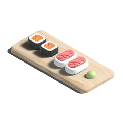 Obraz na płótnie Canvas 3D illustration of sushi on wooden plate