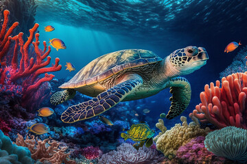 Fototapeta premium Big turtle underwater side view on a reef background, beautiful underwater life in coral reefs, generated ai