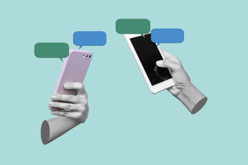 Mobile phones with callouts, bubble speeches for text messages in female hands on blue color...