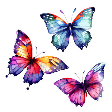 Tropical butterflies isolated on white background. Watercolor illustration. Generative AI