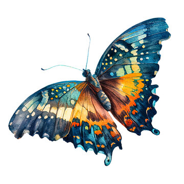 Colorful tropical butterfly isolated on white background. Watercolor illustration. Generative AI