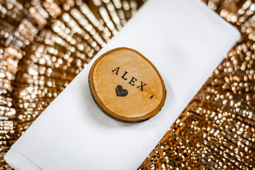 The name Alex - Stunning gold plated dinner plate with wooden name tag Alexander and love heart...