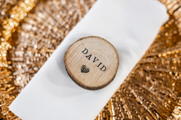The name David - Stunning gold plated dinner plate with wooden name tag Dave and love heart chopped...