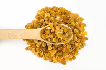 raisins in a spoon isolated on white