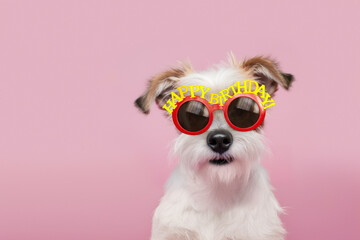 Cute dog wearing happy birthday glasses - obrazy, fototapety, plakaty