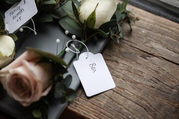 Name Ben Benjamin hand written on ticket for flowers wedding favours on morning of wedding