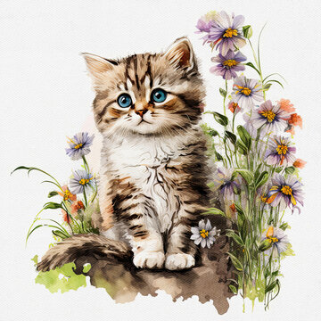 Watercolor cute kitten hold flower. Delicate spring illustration - baby cat with bouquet. AI generated Image, digital art. Nursery decor, wall art, printable illustration. AI generated Image.