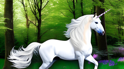 Naklejka na ściany i meble unicorn. photo of a snow-white unicorn with a pink and white mane and tail in a spring flowering garden, a magical garden - AI Generative