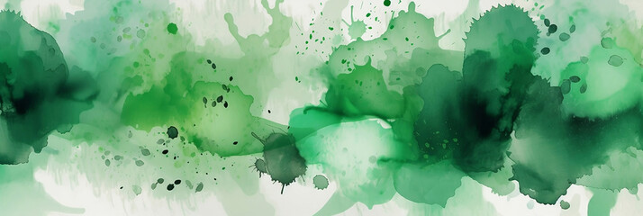 Watercolor splash background.  Texture with green shades. Perfect for tropical backdrop. Long wide banner. Generative ai.