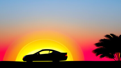 Fototapeta na wymiar Silhouette of a sedan car in the background of the beautiful sunset - AI Generative 