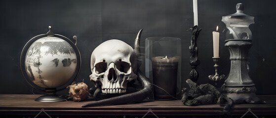 Dark macabre Skull still life background - generative AI - dark art