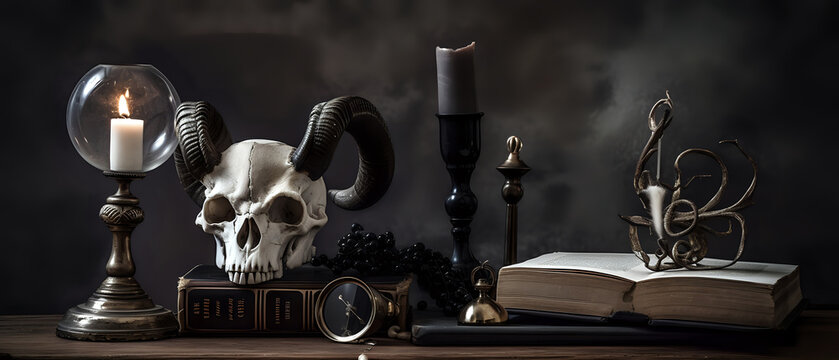 Dark Macabre Skull Still Life Background - Generative AI - Dark Art