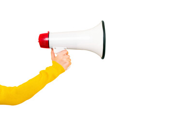 megaphone in handisolated on transparent background, attention concept announcement - 600785256