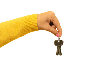 female hand holding house keys, suggesting, isolated on transparent background - 600785282
