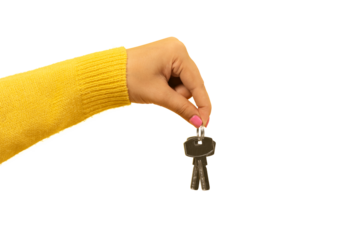 female hand holding house keys, suggesting, isolated on transparent background