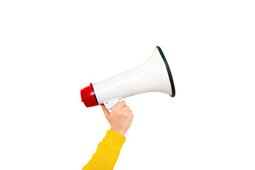 megaphone in hand isolated on transparent background, attention concept announcement - 600785297