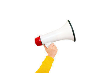 megaphone in hand isolated on transparent background, attention concept announcement