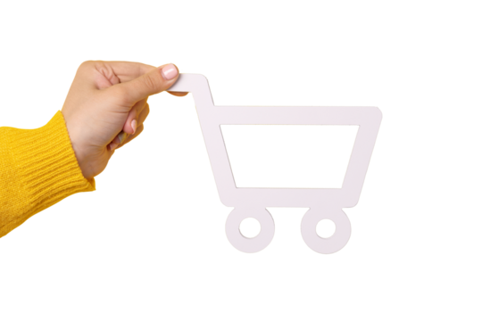 The shopping cart in female hand isolated on transparent background