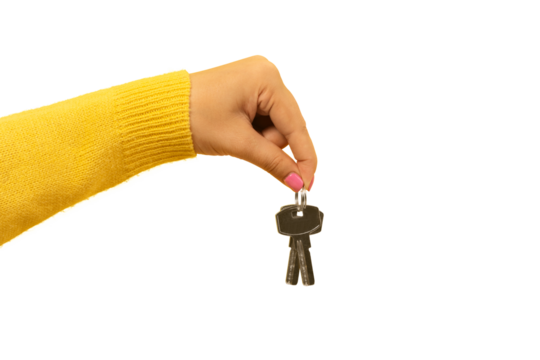 female hand holding house keys, suggesting, isolated on transparent background