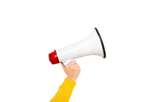 megaphone in hand isolated on transparent background, attention concept announcement - Powered by Adobe