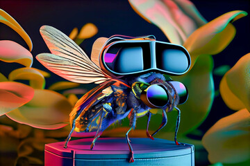 3d insects  character style nft collection with VR goggles immersed in backlit diffuse liquid. metaverse concept, technology, video games and virtual reality, generative artificial intelligence