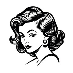pretty retro-style woman with curly hair in black over white