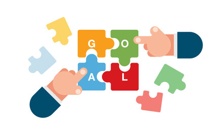 Businessman hand pushing jigsaw puzzle element as word goal, the symbol of working together leads to success.