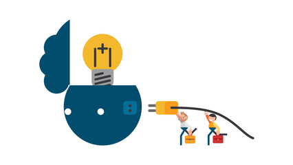 Male employee trying to plug in the power socket, add ideas, human heads, light bulbs mean ideas, develop