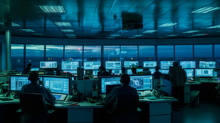 Workers inside of an airport air traffic control tower created by generative AI