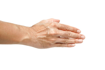 Man stretching his hand to shake hands isolated on white background,Human hand ready for alpha handshake.
