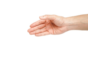 Man stretching his hand to shake hands isolated on white background,Human hand ready for alpha handshake.
