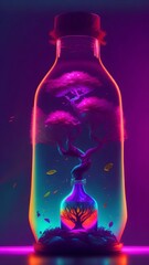 bottle with liquid, tree in bottle glass, cyberpunk tree, cyberpunk bottle 