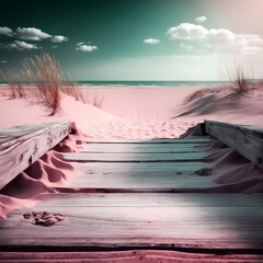 Scene of beach and wooden boardwalk for banner concept