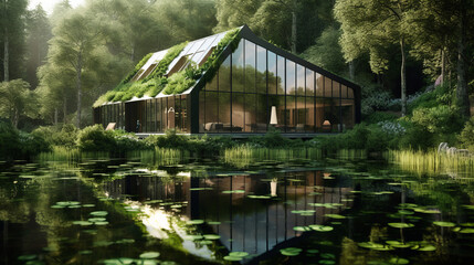 Fototapeta na wymiar Form of a house-shaped pond located in a lush forest Illustration AI Generative