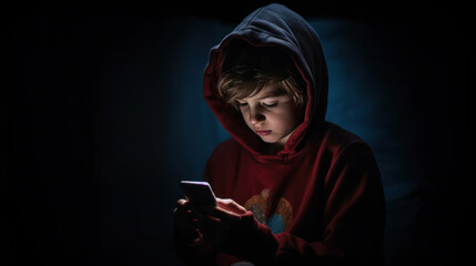 petit garçon concentré en train de regarder son smartphone dans une pièce sombre, IA générative