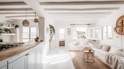 Fototapeta na wymiar Ilustracion de la decoracion Interior tradicional mediterranea tipica de Ibiza en Baleares. Generativa de IA