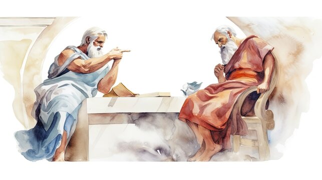 Greek philosophers, including Plato and Aristotle, engaged in a discussion, watercolor, isolated on white, Generative AI