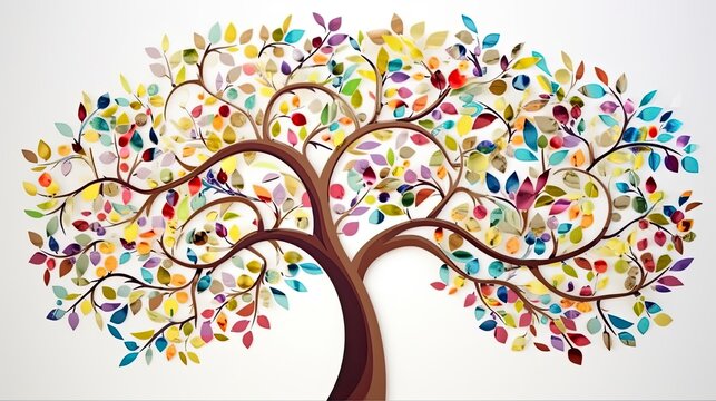 Colorful tree with leaves on hanging branches illustration background, 3d abstraction wallpaper for interior mural wall art decor, Floral tree with multicolor leaves, Generative AI