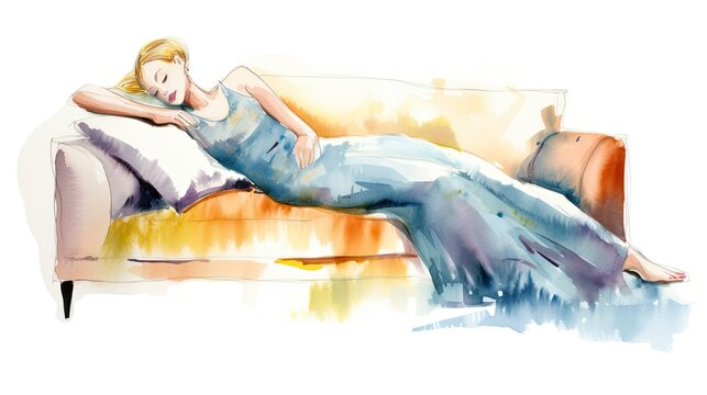 Sleeping girl on sofa. Vector flat illustration, watercolor, isolated on white, Generative AI