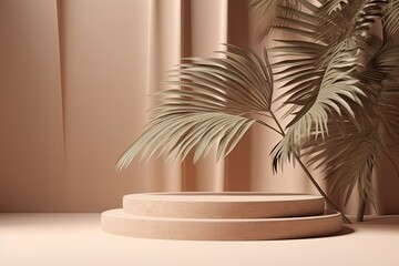 Empty background, stone pedestal podium on natural palm leaf shadow pastel beige backdrop. Generative AI