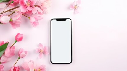 Fototapeta na wymiar Smartphone mockup screen on pink pastel flowers background. Mockup mobile phone blank empty display flower shop app florist delivery concept. Top view above, flat lay. Generative AI