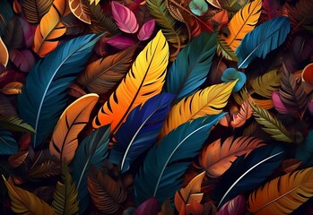 Colorful feathers leave on the living wall 3d abstraction wallpaper. Abstract seamless pattern peacock feathers background. Multicolor feather above on hanging wall interior mural painting, Ai.