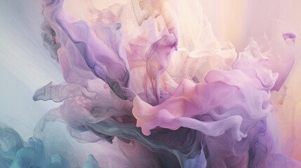 Drops of purple paint in water. Whirlpool of splashes, clouds and waves in motion. Colorful smoke cloud, underwater abstract background. Generative AI - obrazy, fototapety, plakaty