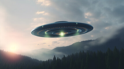 Obraz na płótnie Canvas realistic photo of UFO flying saucer over forest at dawn or sunset, generated AI