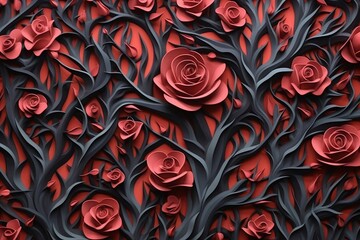 2d texture of branches with red roses and leaves, illustration background. 3d abstraction wallpaper for Interior mural painting wall art decor. Generative Ai.