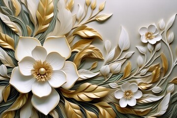 mural painting, light gold, and dark emerald, matte background, white and gray, symbolic elements, wallpaper, Generative Ai.